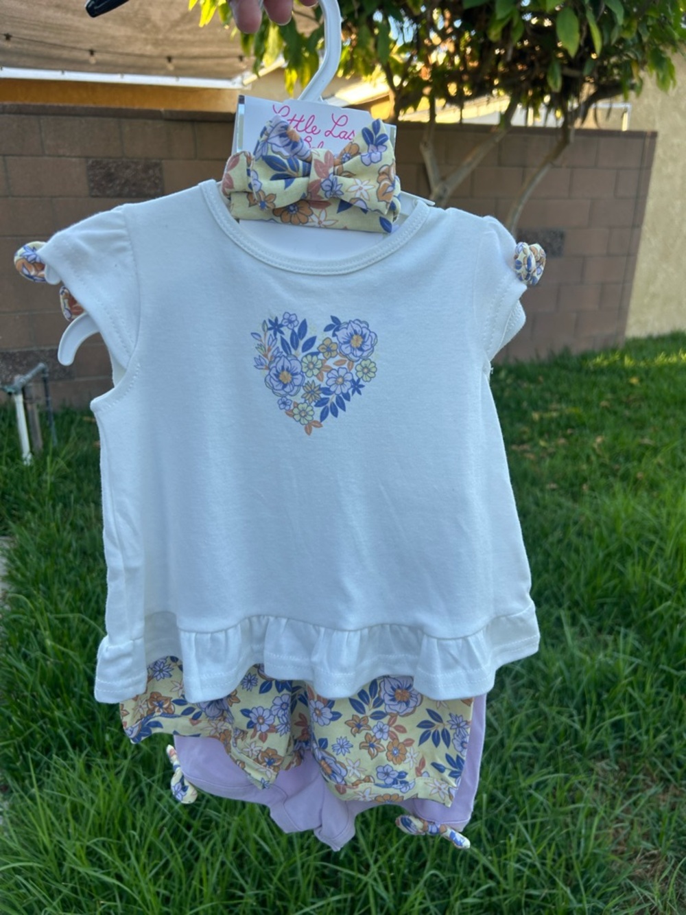 Little Lass White Tank Top & Yellow Floral Shorts Set with Purple Accents